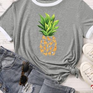 Women's Tropical Pineapple Golden Retriever Matching T-Shirt, color:Gray|size:XXL, Lilicloth.com