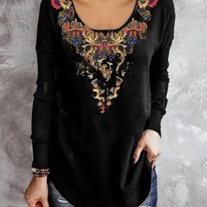 Square Neck Loose Ethnic Top, T-Shirts, color:Black|size:XXL, JustFashionNow