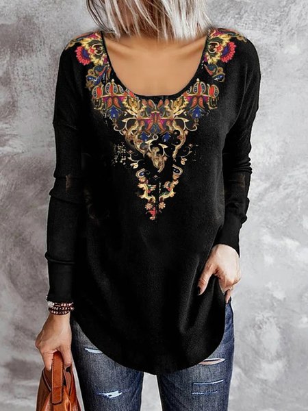 Square Neck Loose Ethnic Top, T-Shirts, color:Black|size:XXL, JustFashionNow