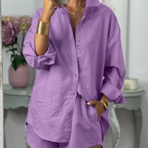 Plain Casual Loose Shirt Collar Blouse, Blouses and Shirts, color:Purple|size:XXL, Stylewe
