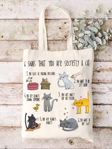 Women's Six Signs That You Are Secretly A Cat Crazy Cat Lady Letters Shopping Tote, color:White|size:One-size, Lilicloth.com