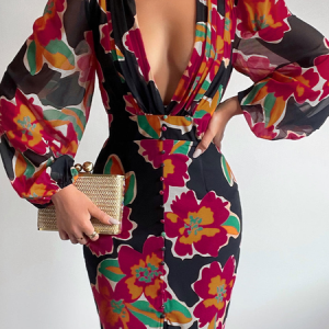 Wedding Guest V Neck Elegant  Dress, Maxi Dresses, color:flower|size:XXL, Stylewe