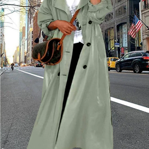 Lapel Collar Long Sleeve Plain Regular Loose Trench Coat For Women 2023, Trench coat, color:Green|size:One-size, Noracora