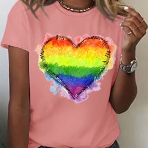 Women's Rainbow Love Lovelgbtq Pride Month Rainbow Funny Graphic Printing Casual Loose Cotton T-Shirt, color:Pink|size:3XL, Lilicloth.com