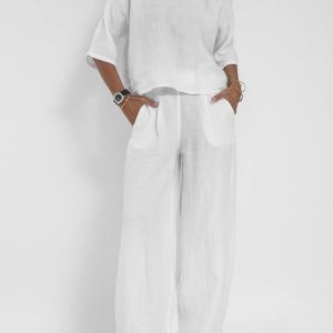 Crew Neck Casual Two-Piece Set, Suit Set, color:White|size:XXL, JustFashionNow