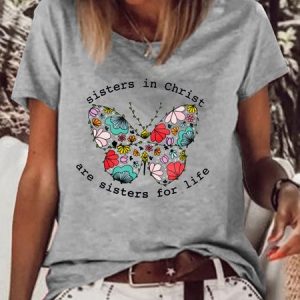 Women's Sisters in Christ Butterfly Casual  Letters T-Shirt, T-shirts, Lilicloth.com