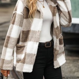 Casual Plaid Regular Fit Shawl Collar Teddy Jacket, Coats, color:Khaki|size:XXL, JustFashionNow
