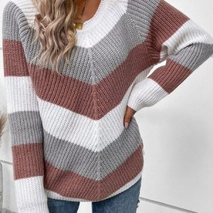 Women Yarn/Wool Yarn Color Block Long Sleeve Comfy Casual Sweater, Sweaters, color:Multicolor|size:XL, Noracora