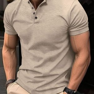 Men's Urban Casual Solid Color Stretch Half Open Collar Button Short Sleeve T-Shirt, T-Shirts, color:Khaki|size:XXL, JustFashionNow