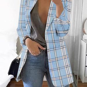 Shawl Collar Casual Plaid Polyester Cotton Blazer, Coats, color:Light Blue|size:3XL, JustFashionNow