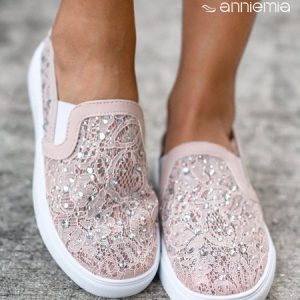 Pink Lace Rhinestone Decor Breathable Slip On Shoes, Flats, color:Pink|size:43, JustFashionNow