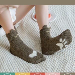 Cat Heart Shape Warm Plus Fleece Coral Fleece Floor Socks, Socks, color:Army Green|size:One-size, JustFashionNow