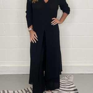 Women's Breathable Comfortable Loose Regular Sleeve V-Neck Simple Chiffon Two-piece Set, Suit Set, color:Black|size:5XL, JustFashionNow