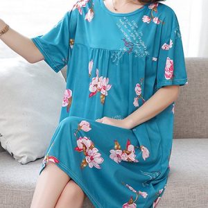 Loose Floral Crew Neck Casual Nightdress, Sleepwear&Robes, color:Aqua blue|size:4XL, JustFashionNow