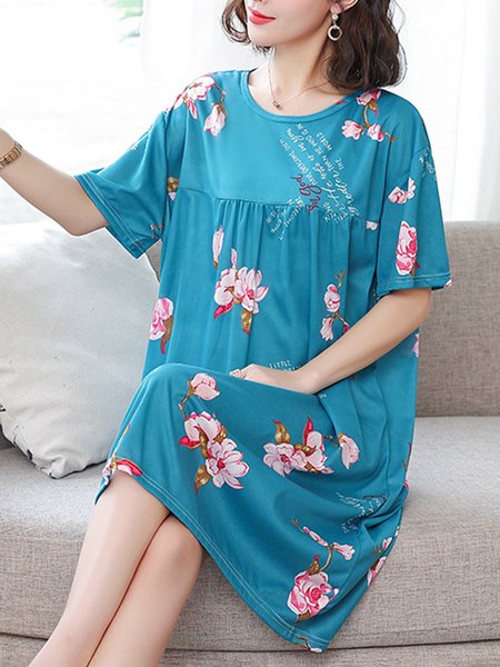 Loose Floral Crew Neck Casual Nightdress, Sleepwear&Robes, color:Aqua blue|size:4XL, JustFashionNow