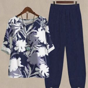 Casual Leaf Asymmetrical Collar Two-Piece Set Women's Linen Tops Shirts and Pants 2 Pieces Set Outfits Summer Loose 3/4 Sleeve Oversized Top Cropped Pants Set Linen Lounge Set, Suit Set, color:Purplish blue|size:XXL, JustFashionNow