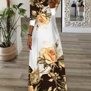 Loose V Neck Casual Striped Dress, Maxi, color:Yellow|size:XXL, Noracora