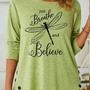 Women's Inspirational Just Breathe and Believe Dragonfly Casual Crew Neck Shirt, color:Green|size:3XL, Lilicloth.com