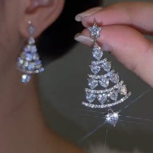 Banquet Party Silver Diamond Heart Earrings Christmas Tree Pattern Jewelry, Earrings, color:Silver|size:One-size, JustFashionNow