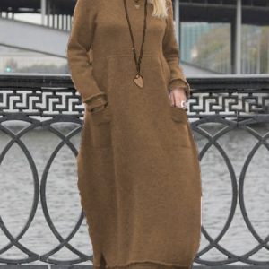 Casual Cotton Long Sleeve Causal Sweater Knitting Dress, Maxi, color:Khaki|size:5XL, Noracora