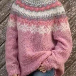 Fair Isle Loose Casual Sweater, Sweaters, color:Pink|size:XL, JustFashionNow