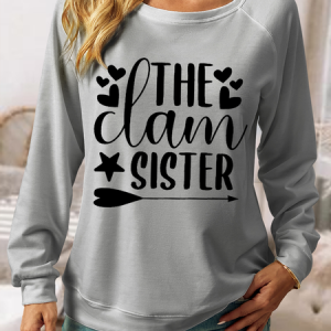 Women's Funny Word The Clam Sister  Crew Neck Casual Sweatshirt, color:Gray|size:3XL, Lilicloth.com