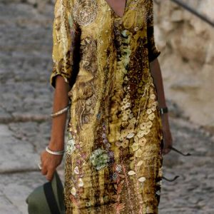 JFN  V Neck Floral Full Printed Geometric Casual Mini Dress, Dresses, color:Yellow|size:XXL, JustFashionNow