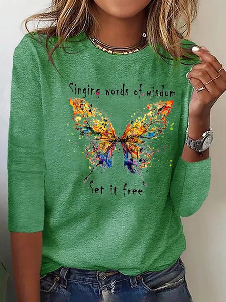 Butterfly Long sleeve Loose Casual T-Shirt, color:Green|size:3XL, Lilicloth.com
