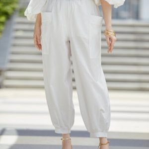 Plain Regular Fit Vacation Polyester Cotton Fashion Pants, Pants, color:White|size:XXL, Stylewe