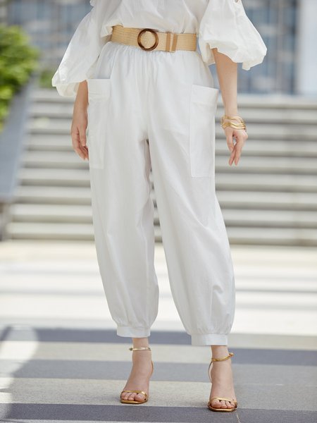 Plain Regular Fit Vacation Polyester Cotton Fashion Pants, Pants, color:White|size:XXL, Stylewe