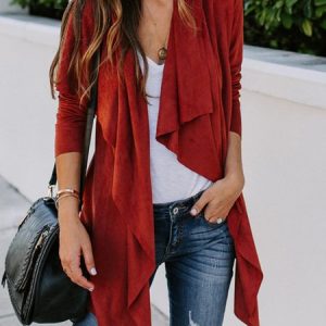 Plain Loose Suede Urban Kimono, Cardigans, color:Red|size:XL, JustFashionNow