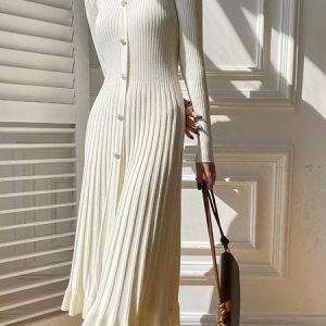 Elegant Plain Long Sleeve Buttoned Pleated Sweater Dress, Midi Dresses, color:Off White|size:XXL, Stylewe