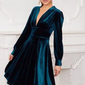 Women Plain V Neck Long Sleeve Comfy Party Short Dress, Dresses, color:Navyblue|size:XXL, Noracora