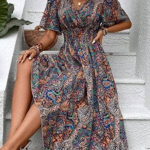Loose Scramble Vacation Ethnic Dress, Maxi, color:Multicolor|size:XXL, Noracora