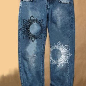 Womens Floral Mandala Casual Printed Jeans, color:Blue|size:One-size, Lilicloth.com