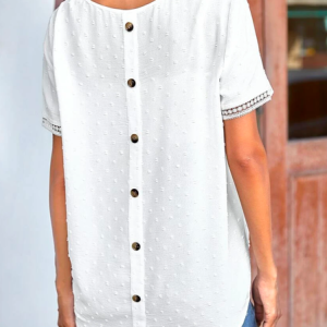Vacation Crew Neck Loose Buttoned Blouse, Shirts & Blouses, color:White|size:XXL, JustFashionNow