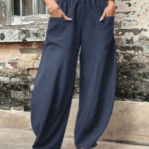 Plus Size Casual Plain Loose Pants, BOTTOM, color:Deep Blue|size:4X, Noracora