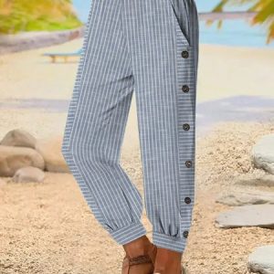 Casual Striped Natural Ankle Pants Elastic Band Buckle Straight Pants, Pants, color:Blue|size:XXL, Noracora