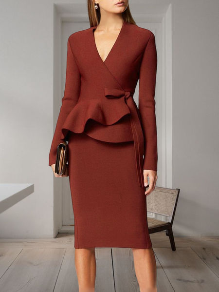 V Neck Elegant Regular Fit Long sleeve No Elasticity Party Dress, Wedding Guest Dresses, color:Crimson|size:XXL, Stylewe