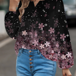 V Neck Long Sleeve Floral Regular Micro-Elasticity Regular Fit Shirt For Women, Blouses, color:Pink|size:XXL, Noracora