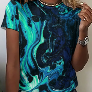Women's Abstract Art Print Crew Neck Casual  T-Shirt, color:Blue|size:3XL, Lilicloth.com