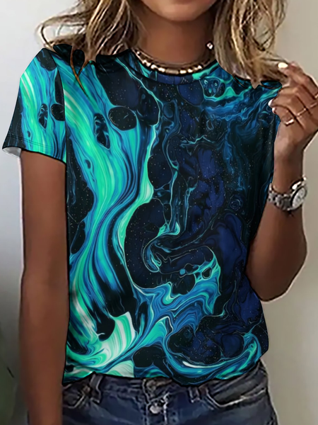 Women's Abstract Art Print Crew Neck Casual T-Shirt, color:Blue|size:3XL, Lilicloth.com