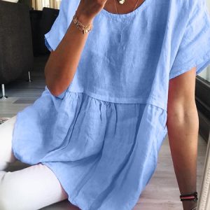 Linen Loose Short-Sleeved Top, T-shirts, color:Blue|size:XXL, Noracora