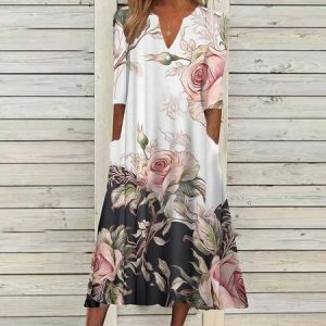 Women Striped Notched Half Sleeve Comfy Casual Midi Dress, Midi, color:Pink|size:3XL, Noracora