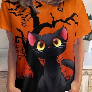 Women Black Cat Simple Halloween Loose T-Shirt, color:Orange|size:3XL, Lilicloth.com