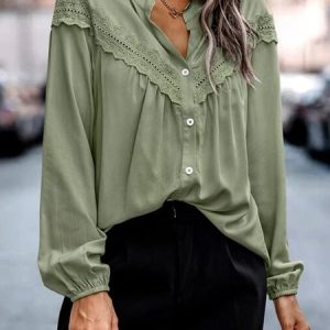 Loose V Neck Casual Blouse, Shirts & Blouses, color:Army Green|size:XXL, JustFashionNow