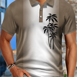 Men's Coconut tree gradient Hawaiian style print Ombre Urban Polo Collar Polo Shirt, T-shirts, Lilicloth.com