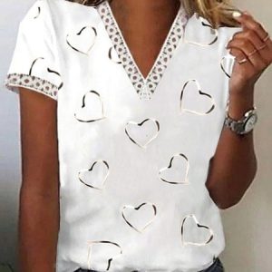 JFN V Neck Heart Casual T-Shirt/Tee, Shirts & Blouses, color:White|size:3XL, JustFashionNow