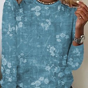 Floral Casual Loose Long Sleeve T-Shirt, T-shirts, color:Blue|size:XXL, Noracora
