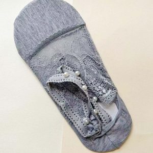 Faux Pearl Decor Lace Ankle Socks, Socks, color:Gray|size:One-size, JustFashionNow